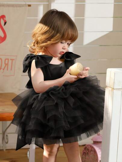 Svart 3D-rosett i tyll, ärmlös, prinsesstårtklänning för flickor, elegant Halloween-jul, födelsedagsfest, bröllop, blomsterflicka, formellt tillfälle, året runt