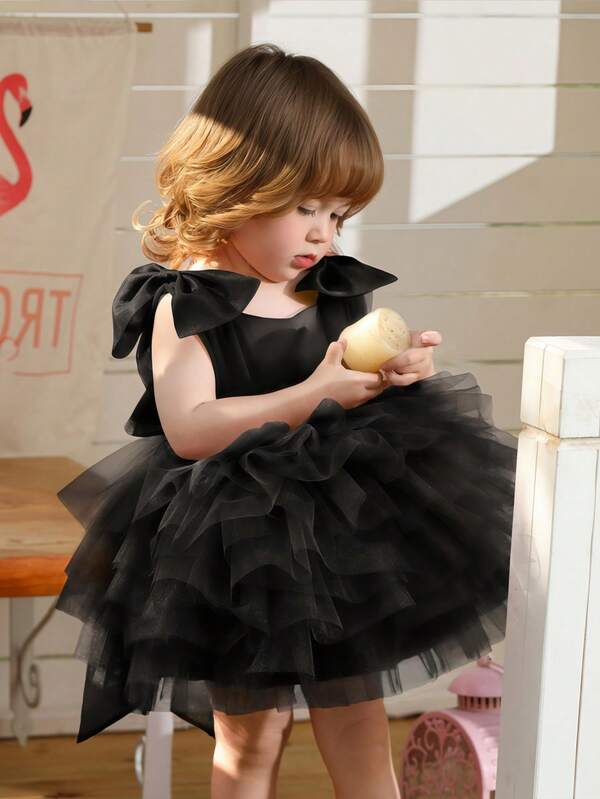 Baby Girls Black 3D Bow Tulle Sleeveless Princess Cake Dress, Elegant Halloween Christmas Birthday Party Wedding Flower Girl Formal Occasion Dress, All Season