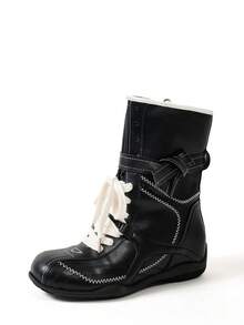 时尚复古风格舒适修身防滑圆头皮革系带运动踝靴，百搭休闲平底中筒鞋，适合女士