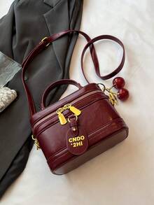 优雅时尚纯色PU皮革便携方包，迷你PU包，防水酒红色布袋，字母图案装饰设计盒包，适合旅行、购物、聚会、通勤，时尚酒红色包包，新年必备 - 酒紅色 - 查看 8