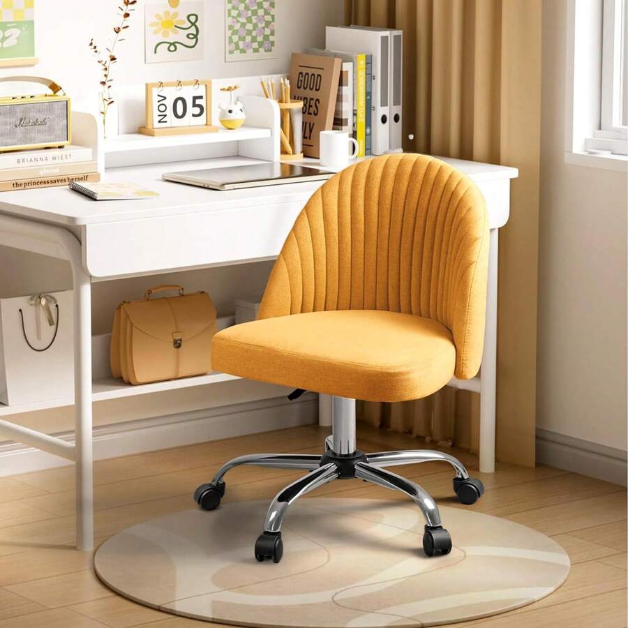 Home Office Desk Chair Vanity Chair Twill Upholstered Adjustable Mid-Back Armless Swivel Task Chair Modern Fabric Office Chairs With Wheels For Bedroom, Living Room,