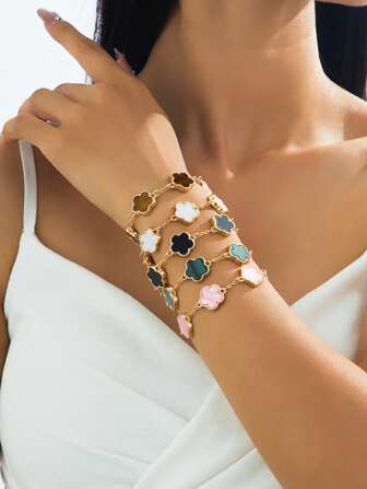 Set de 5 pulseras con dijes de trébol de colores, accesorios de joyería de moda clásica para mujeres