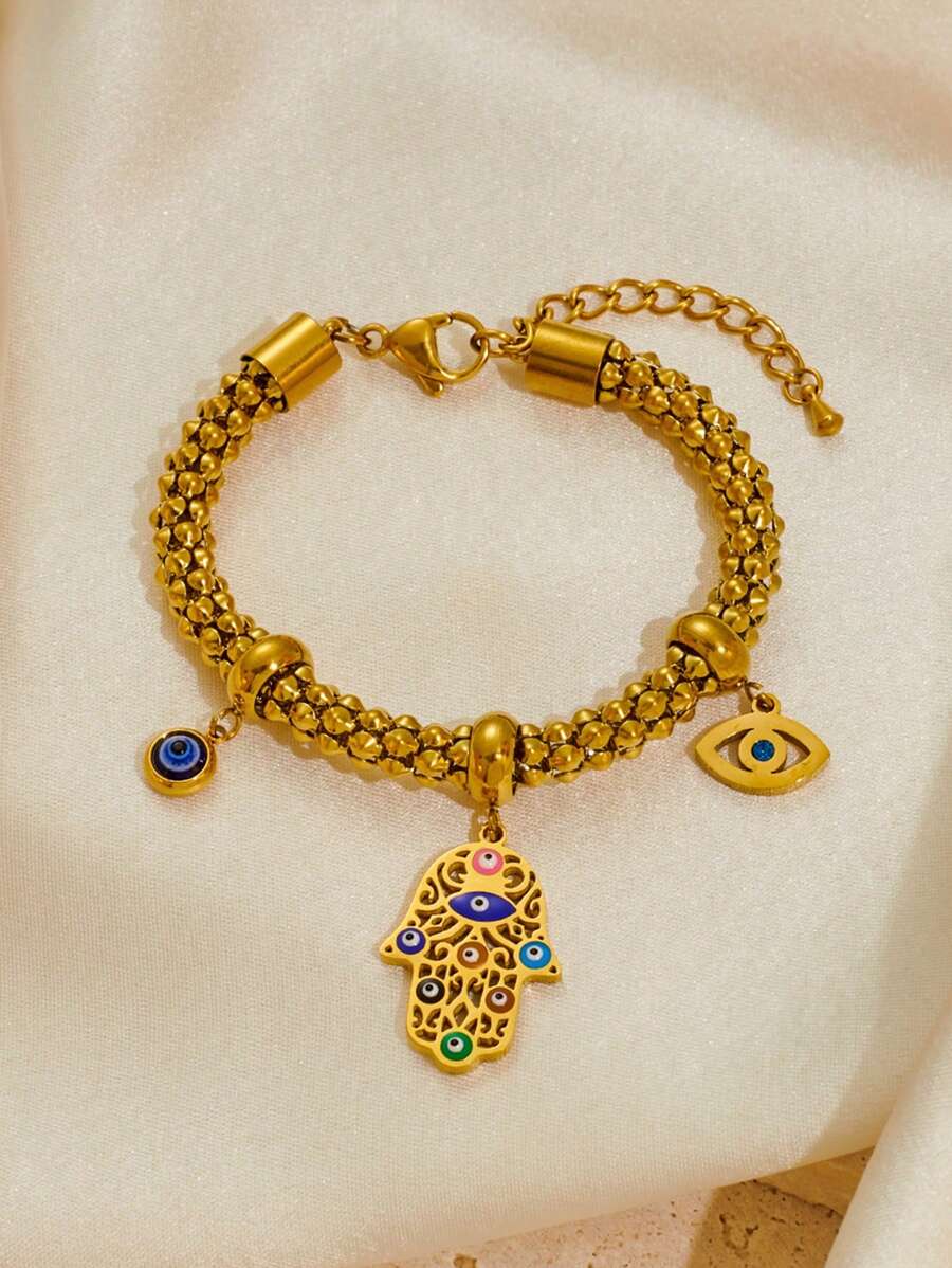 1 件不锈钢油滴眼掌装饰手链，女士百搭时尚配饰