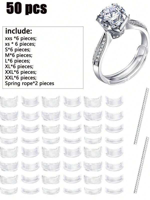 50pcs Transparent Anti Loss And Anti Slip Springs Soft 8 Sizes Ring Size Adjuster Jewelry Size Ring Accessory, Reusable, Suitable For Various Styles Of Ring Finger Rings, Comes With A Transparent Storage Box As A Gift