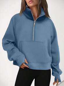 Womens Sweatshirts Half Zip Cropped Sweater Fleece Quarter Zipper Hoodies 2025 Fashion Outfits Clothes - 藍色 - 查看 6