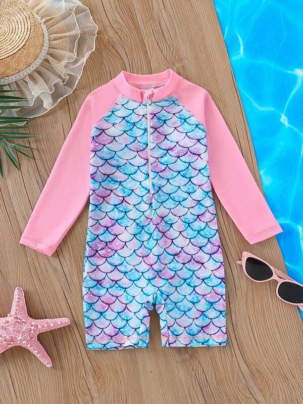 1 pieza Camiseta de protección solar de manga larga con estampado de escamas de sirena para niñas, de tela elástica de secado rápido, con detalles de cierre con cremallera, apta para la piscina, vacaciones de verano en la playa y diversión de surf