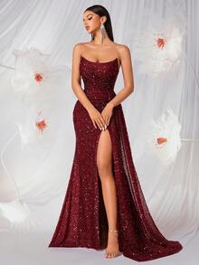 ADYCE 优雅亮片无肩带褶皱高腰高开衩长款缎面露背系带礼服，适合舞会、生日派对、正式晚宴、约会、返校节、婚礼宾客、正式晚宴、家庭聚会等多种场合。 - 酒紅色 - 查看 6