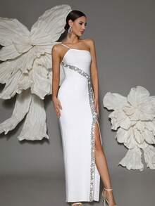 手工串珠单肩针织绷带紧身连衣裙，性感开衩优雅，适合家庭聚会、派对、正式场合 - 白色 - 查看 6