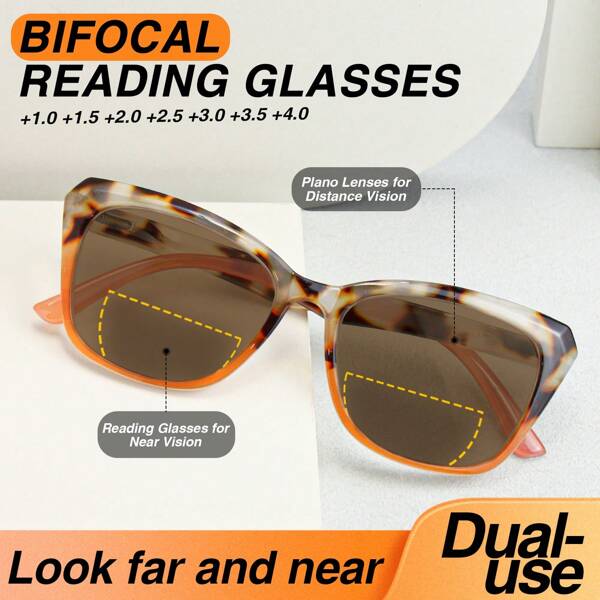 1pc Oversized Cat Eye Tinted Bifocal Reading Glasses, Leopard Print Design, With Comfortable Spring Hinges, Versatile Readers For Daily Use