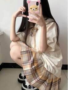 1pc Japanese Style JK Uniform Set, Apricot Loose Fit Babydoll Collar Short Sleeve Top + Plaid Pleated Skirt 2 Pieces Basic Student School Outfit - Apricot - View 5