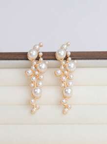 Faux Pearl Earrings, Geometric Rhinestone Inlaid Pearl Decor Alloy Earrings, Versatile Accessory