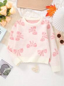 Girls' Knitted Round Neck Pink Bow Pattern Sweater, Soft & Comfortable Fabric, Versatile For Winter - Pink - View 1