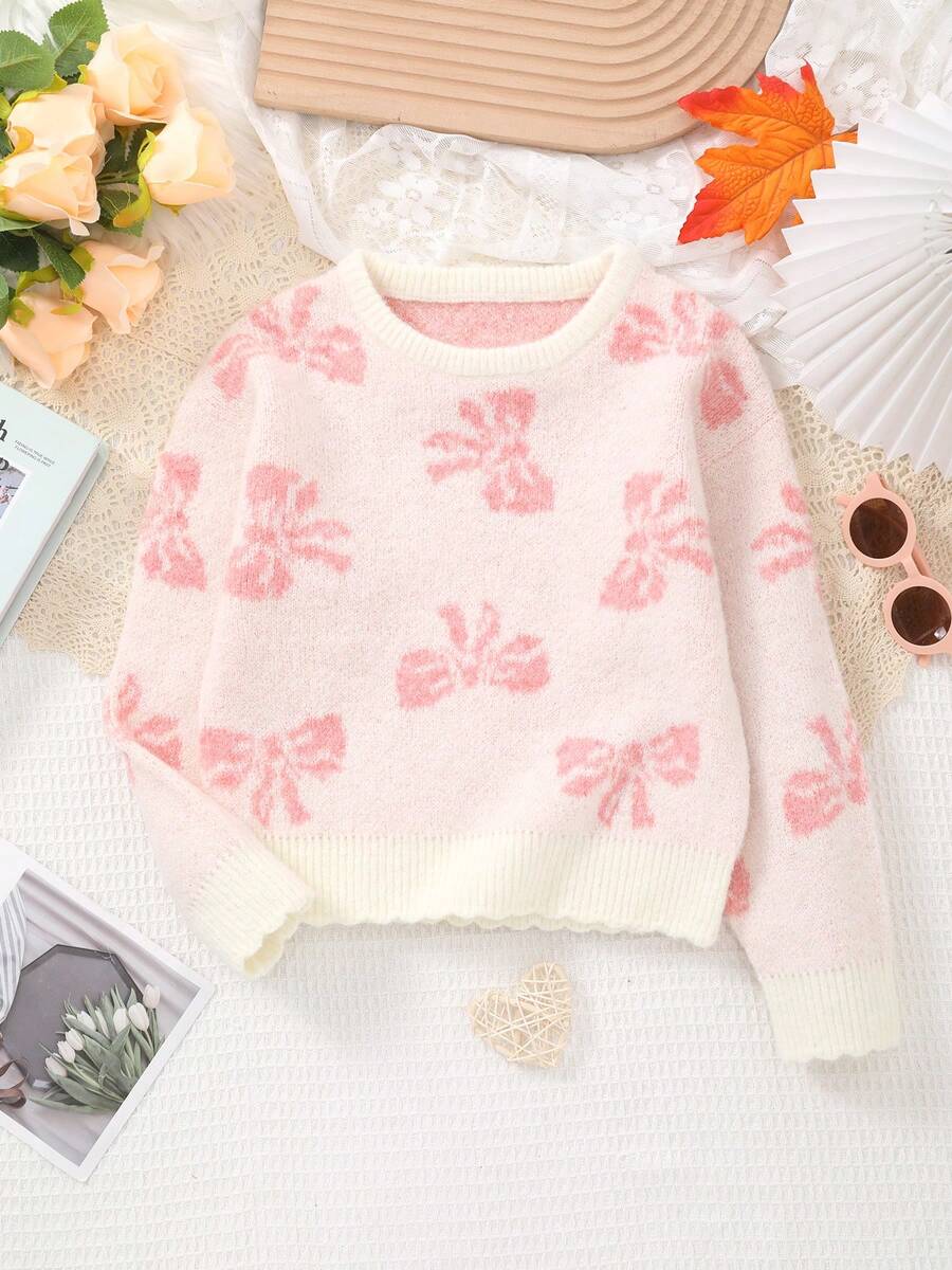 Girls' Knitted Round Neck Pink Bow Pattern Sweater, Soft & Comfortable Fabric, Versatile For Winter - Pink - View 1