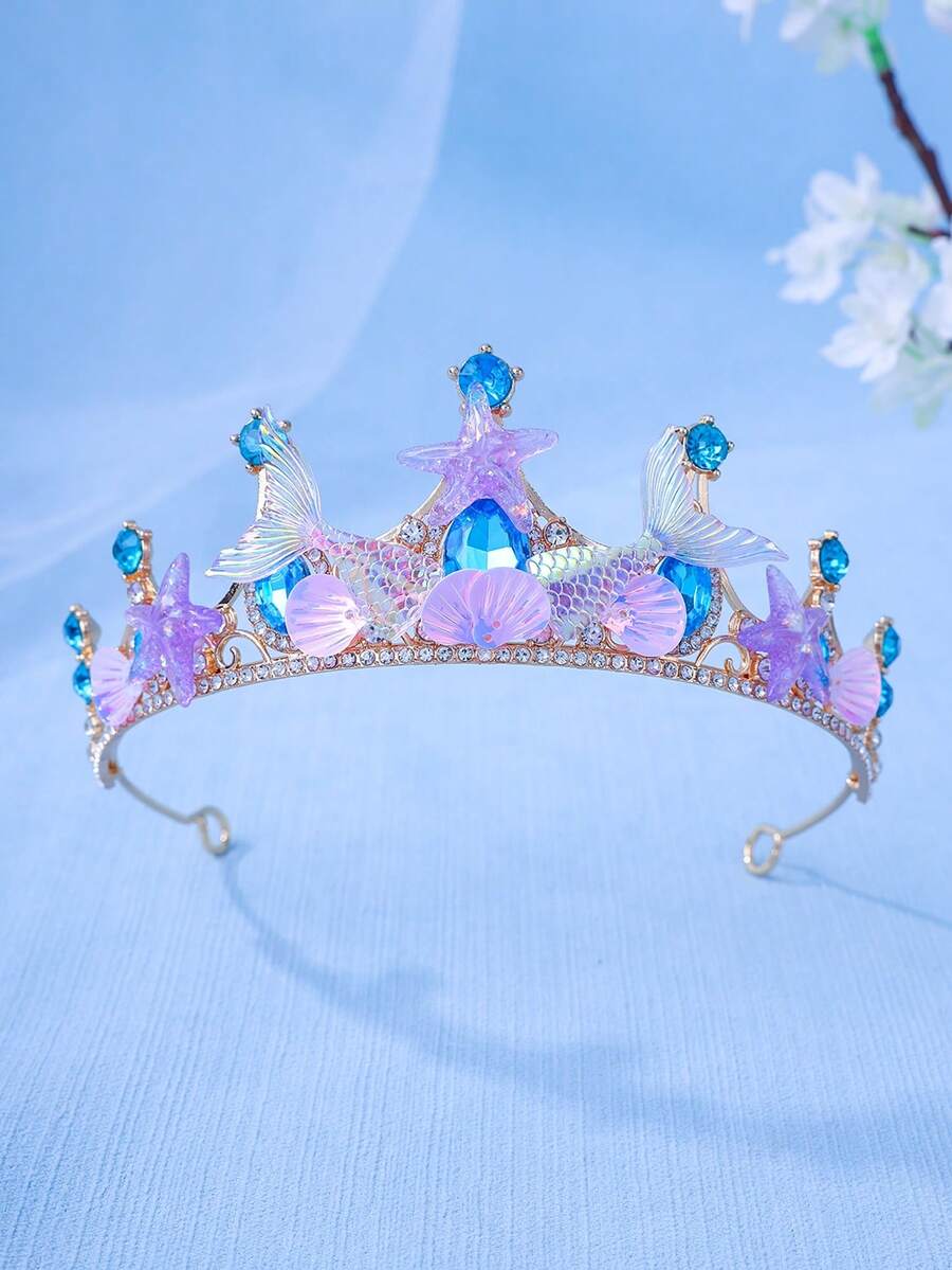 1pc Elegant Crystal Princess Crown, Mermaid Headband With Seashell, Starry Gradient Color, Performance/Birthday Gift Headpiece - Multicolor - View 1