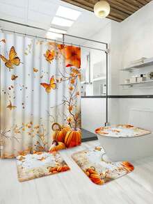 1/4 件秋季枫叶、蝴蝶、南瓜感恩节浴帘套装，配有防滑浴室垫、感恩节浴室装饰，包括浴室地毯、U 型垫、马桶座套、防水窗帘（带 12 个挂钩）