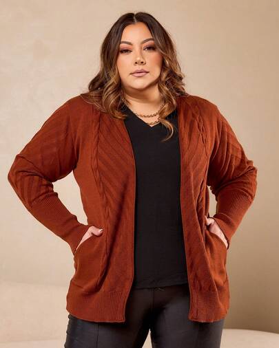 Cardigan Trança Com Bolso Casual Plus Size