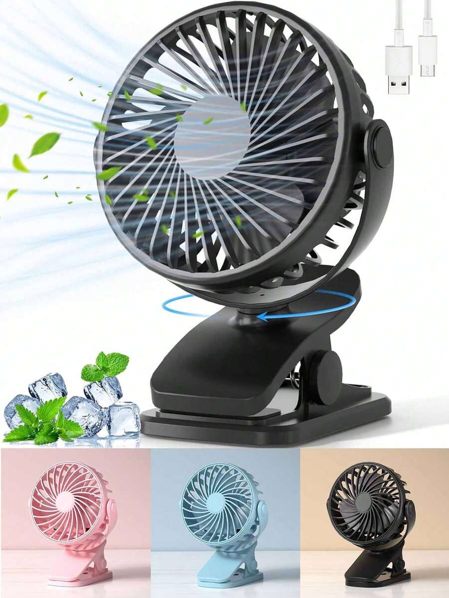 Tragbarer, wiederaufladbarer 720 °-Ventilator mit LED-Lichtern, kleiner Schreibtischventilator, klein, kraftvoll, 3 Geschwindigkeiten, leise, USB-aufladebarer Mini-Kühlventilan für Schreibtischtisch, Zuhause, Büro, Kinderwagen, Camping, Frauengeschenke