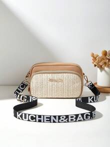 女士编织单肩包，小号方形斜挎包 - 卡其色 - 查看 3