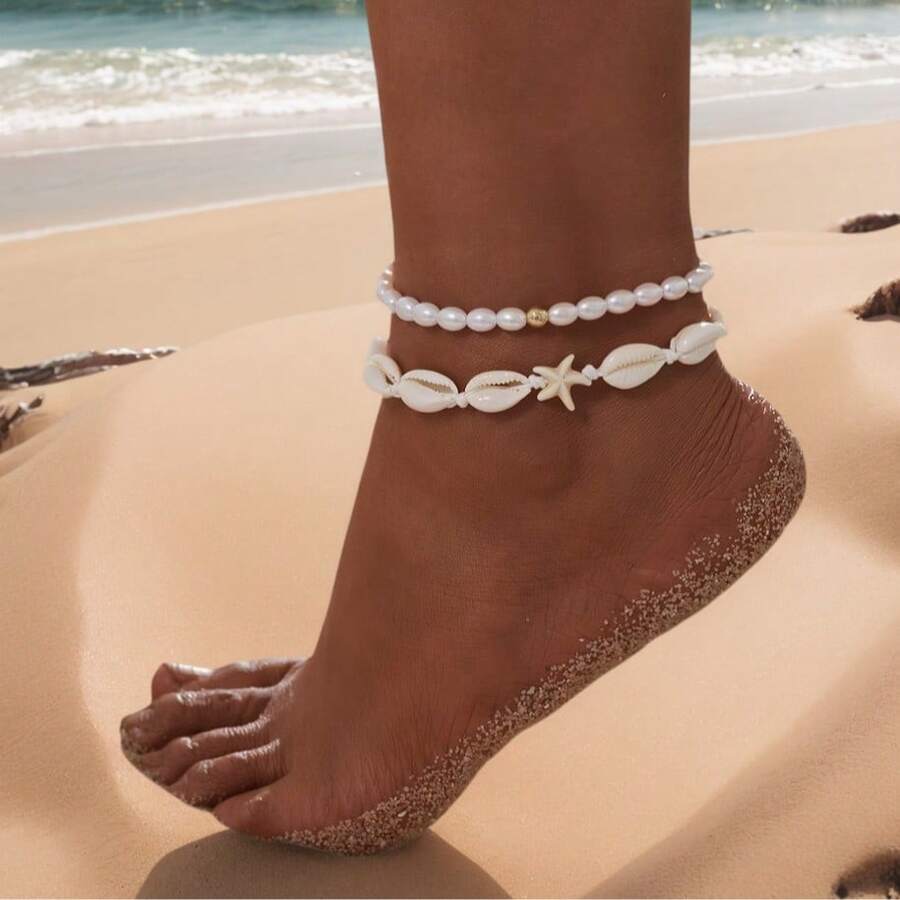 2pcs Bohemian Style Starfish & Seashell Anklets Set, Handmade Beaded Ankle Bracelets, Suitable For Daily Vacation Wear, Holiday Gift For Friends - White - View 1