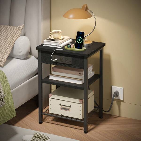 Superlele 1/2pcs Nightstands With Charging Station, Bedside Table With Fabric Drawer, Night Stand With Storage, 3-Tier Bed Side Table, End Table For Bedroom, Living Room, Bedroom Decoration, Small Space Hack, Bedroom Upgrade
