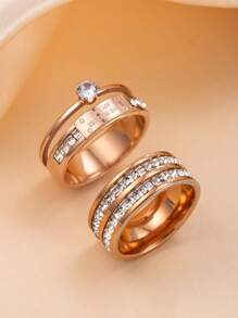 2 Stücke/Set einfache 4MM Zirkonia Dekor Edelstahl Ring für Frauen