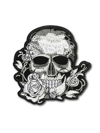 1 pieza Parche bordado de rosa y calavera en blanco y negro, estilo punk de poliéster para planchar/coser, adecuado para ropa, bolsos, zapatos, cortinas, decoración del hogar