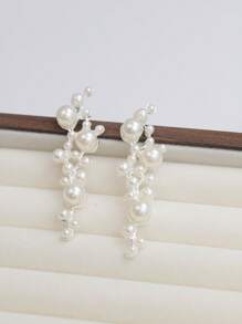 Faux Pearl Earrings, Geometric Rhinestone Inlaid Pearl Decor Alloy Earrings, Versatile Accessory