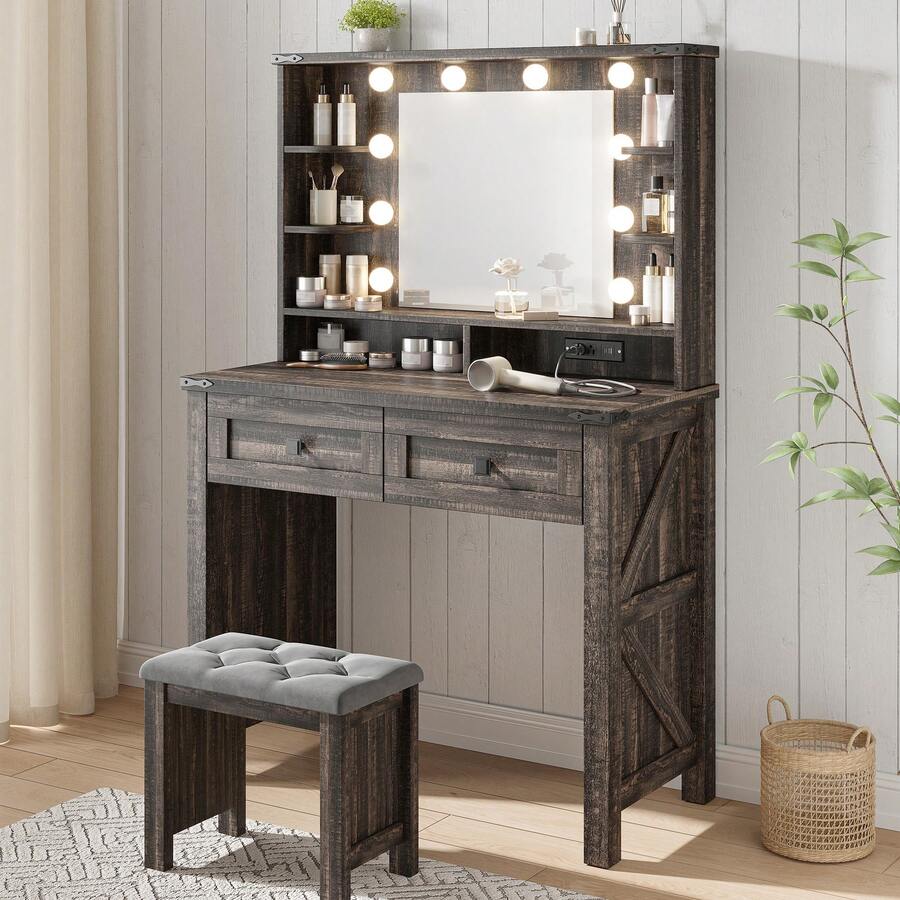 EnHomee Vanity Desk With Mirror And Lights,31 Inch Make Up Vanity With Charging Station,Dressing Table Makeup Desk With 2 Drawers,3 Color Modes Adjustable Brightness - 深橡木色 - 查看 1