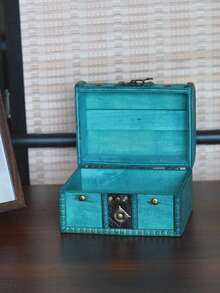 1pc Handmade Vintage Square Wooden & Leather Jewelry Box Blue-Green Color Treasure Chest With Lock, Charming Rustic Elegant Compact Lockable Jewelry Storage Box For Rings Necklaces Earrings Bracelets, Decorative Home Decor Piece For Dressing Table Vanity Bedside, Perfect Holiday Gift For Christmas Thanksgiving Halloween Weddings Anniversaries Birthdays Romantic Keepsake Travel-Friendly Organizer For Small Accessories