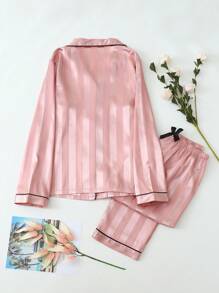 条纹提花女士长袖上衣和长裤睡衣套装，秋冬服装