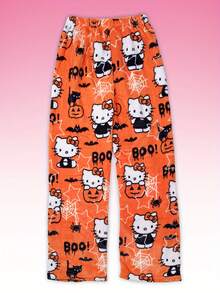 Sanrio 1pc Sanrio Hello Kitty Flannel Fluffy Pajama Pants - Cozy Fleece Lining, Warm Halloween Print, Black & Orange Cartoon Design, Suitable For Men & Women, Autumn/Winter Sleepwear, Great As Study Reward, Holiday Or Birthday Gift
