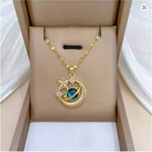1 pièce Collier pour femmes en acier inoxydable avec pendentif en forme de lune décoré de pierres du ciel étoilé et de strass complets {Boîte de collier non incluse}