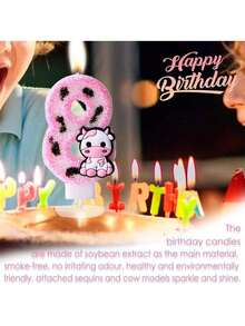 1 件粉色奶牛闪光生日蜡烛，生日蛋糕数字蜡烛，奶牛主题数字蜡烛，生日派对装饰蛋糕装饰 - 乳牛 - 查看 4