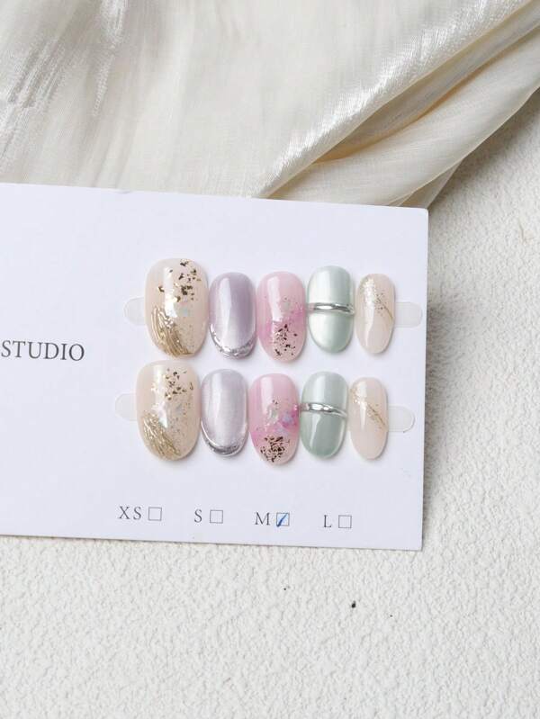 10pcs Handmade Press On Nails, Short Oval Muti-Color Cat Eye Aura Acrylic Fake Nails Tips,Detachable Nail Art Tool Kit For Daily Wear And Festival Gift For Beautiful Ladies And Girls