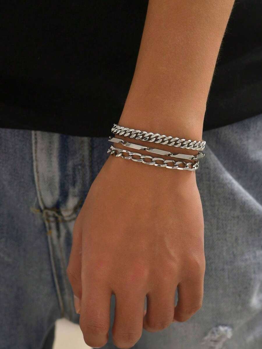 3pcs European & American Hip-Hop Style Geometric Chain Decor Bracelets