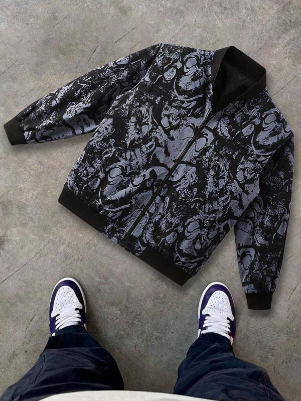 Men's Baseball Collar Jacket, Casual Fashion New Full Print Long Sleeve Outerwear, Lightweight For Spring & Autumn