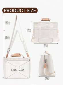 1pc Fashionable Large Capacity Canvas Tote Bag - Black! Zipper Closure + Multiple Side Pockets Design, Durable Shoulder Strap, Super Spacious, Easily Meets College Students' Needs For Carrying Laptops And Books. Valentine's Day Gift, Back To School Gift, Get Ready In Advance! - Beige - View 6