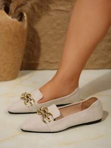 宽楦时尚麂皮平底鞋，米色，尺码 36-43，适合日常穿着，甜美休闲女鞋 - 米色絨面+鏈條 - 查看 3