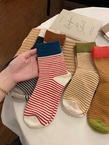 5双/10双女士撞色条纹袜子，复古ins风红色条纹中筒袜，适合夏季和秋冬季 - 彩色 - 查看 3