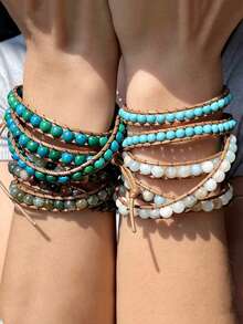Brazalete de estilo bohemio envolvente de 3 capas con piedra de ágata natural, brazalete de yoga vintage multicapa - multicolor - Ver 4
