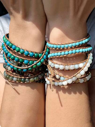 Bohemian Style Natural Agate Stone 3-Layered Wrap Bracelet, Vintage Multi-Layer Yoga Bracelet