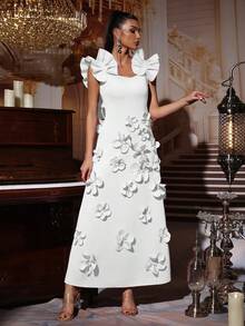 Modphy 新款时尚高端 3D 花卉装饰修身高领无袖蝴蝶结饰边连衣裙，适合婚礼、宾客、伴娘、节日派对、正式晚礼服 - 白色 - 查看 4