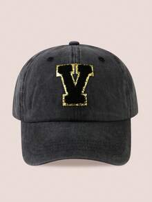 1pc Women/Men 26 Letter Baseball Cap, Washed Brim Sun Hat, Suitable For Outdoor Activities And Daily Wear, UV Protection - Black Gold Label-black Washed Cap - View 26