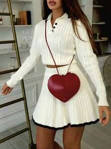 Bộ đồ dệt kim 2 món: Áo polo tay dài cổ tròn màu trơn cổ điển + Chân váy ngắn bo gân phối màu tương phản, thời trang và thanh lịch, phù hợp cho mùa thu/đông, phong cách đường phố, trang phục giáo viên, cũng thích hợp cho mùa đông, Lễ Tạ ơn, mùa thu, tựu trường, tiệc tùng, Giáng sinh và Năm mới. - trắng - Xem 5