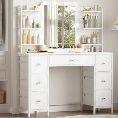 HaluPeit Tocador de Maquillaje con Iluminación LED, Espejo Grande HD, 7 cajones, 6 estantes, tocador de Maquillaje con luz, Vestidor del Dormitorio, Blanco Moderno