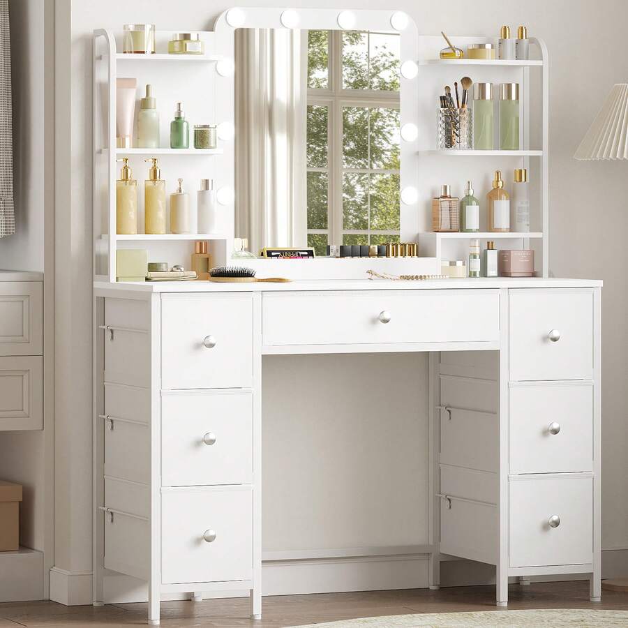 HEXCELEN Dressing Table With LED Lighting, Dressing Table With Large HD Mirror, 7 Drawers And 6 Storage Compartments, Bedroom Dressing Tables, Modern White - trắng - Xem 1