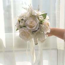 Ramos de flores de boda para novia de color blanco y champán, flores artificiales para sostener en la mano