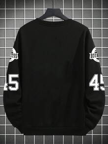Men's "VICTORY" Graphic Print Crew Neck Pullover Sweatshirt, Streetwear Style, Autumn/Winter, Long Sleeve Top - Black - View 5