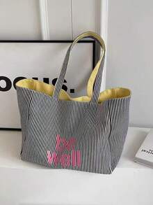 双面条纹帆布托特包女士大容量通勤包简约休闲百搭黄色单肩包 - 黑色 - 查看 8