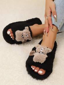 shensongni 可爱小熊元素毛绒拖鞋，轻便柔软鞋底，适合居家和卧室穿着，季节性拖鞋，露趾拖鞋，男女通用单只拖鞋 - 黑色 - 查看 5